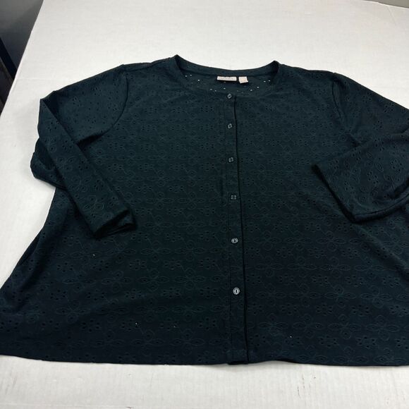 LOGO Lori Goldstein Eyelet Button Front Shirt Minimalist 3/4 Sleeve Black Top XL - Picture 2 of 10